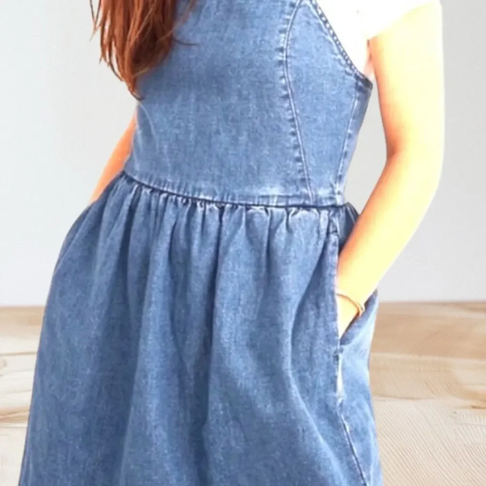Madewell Linen and Cotton Denim Dress Sz 4 Women's Cross-Back Sundress Pockets